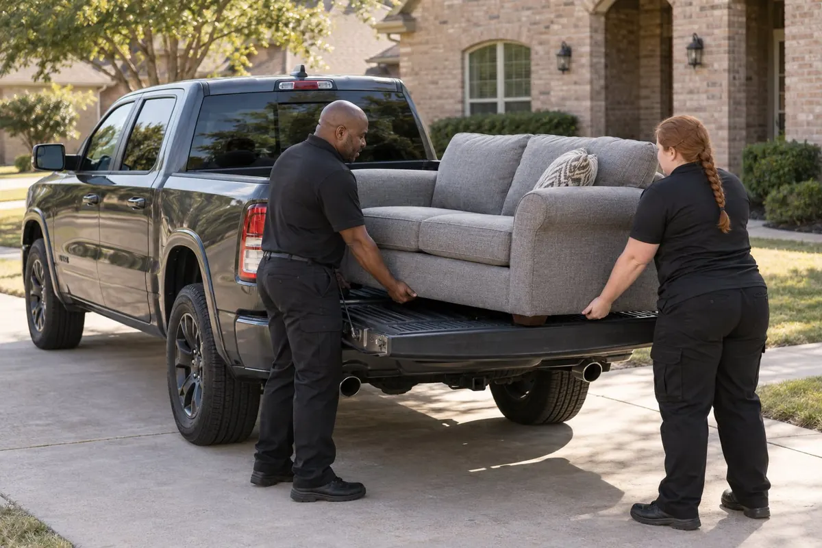 Two PeerlessNC workers loading a pickup truck